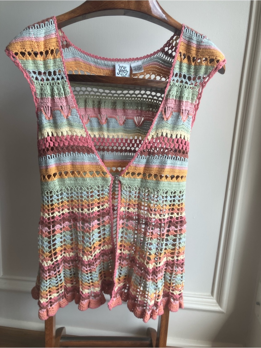 Ivy Jane Multicolor Crochet Open Front Vest Cardigan Boho Size Small